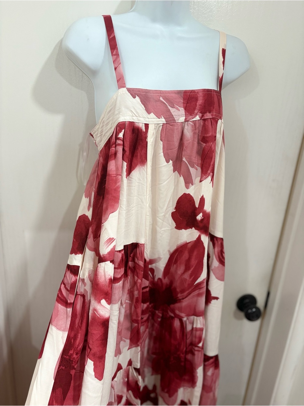 Women's Floral Bohemian flowy beach Tiered Midi Skirt - Red Floral on Cream - Picture 2 of 5